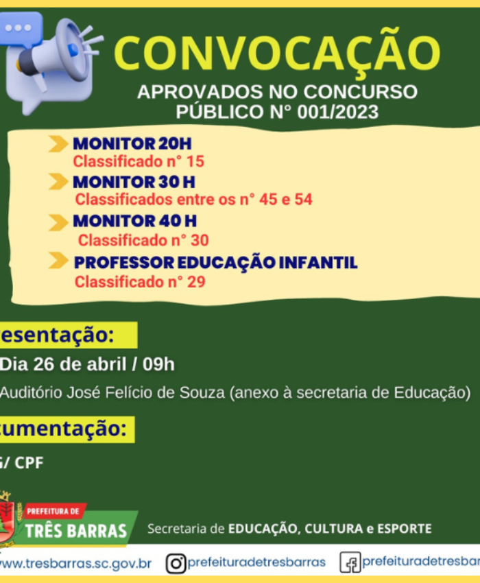 Prefeitura faz nova chamada de aprovados para monitor 20h, 30h e 40h e professor de educação infantil