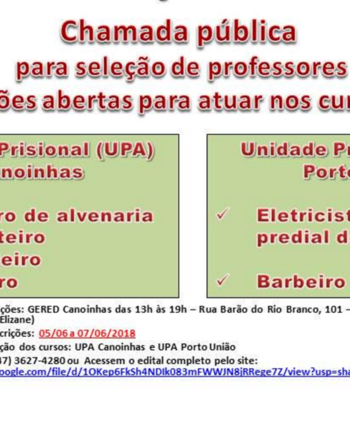 PRIMEIRA CHAMADA PÚBLICA PRONATEC FIC GERED DE SÃO BENTO DO SUL/UNIDADE DE ATENDIMENTO DE CANOINHAS/PORTO UNIÃO