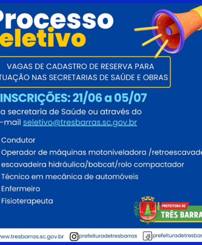 Processo seletivo: Três Barras abre vagas para cadastro de reserva para cargos nas secretarias de Saúde e Obras