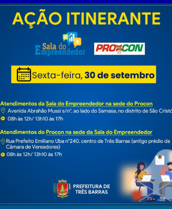 Procon e Sala do Empreendedor de Três Barras terão ações descentralizadas nesta sexta-feira, 30