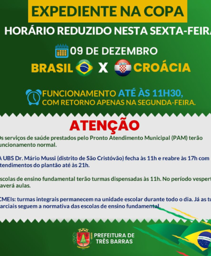 Repartições púbicas municipais terão expediente reduzido nesta sexta-feira, 09