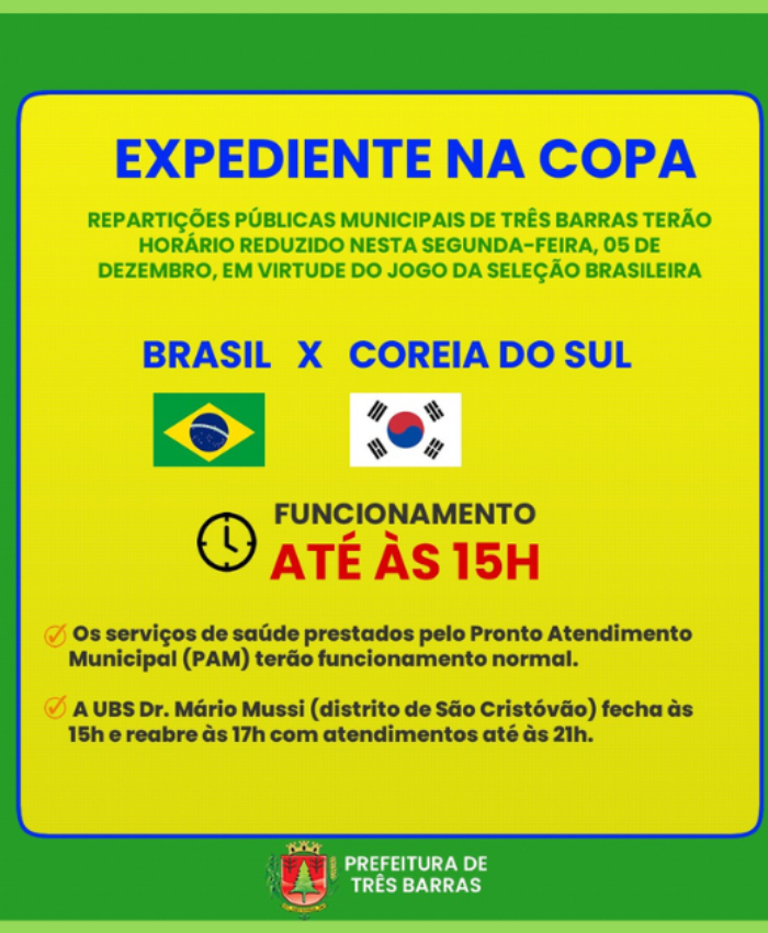 Repartições públicas municipais funcionarão até às 15h nesta segunda-feira, 05