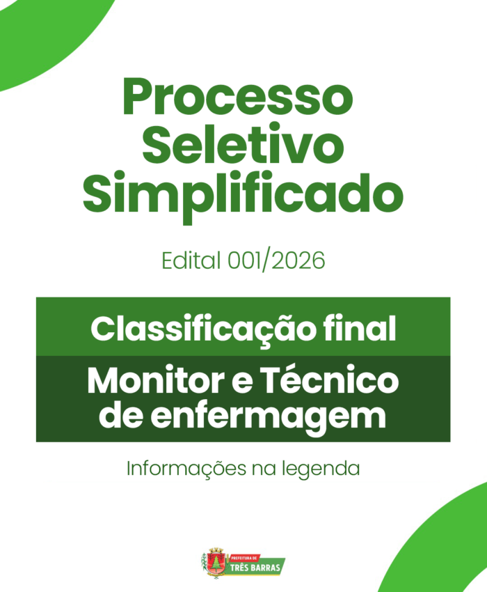 Três Barras divulga Classificações Finais de Monitores e Técnicos de Enfermagem