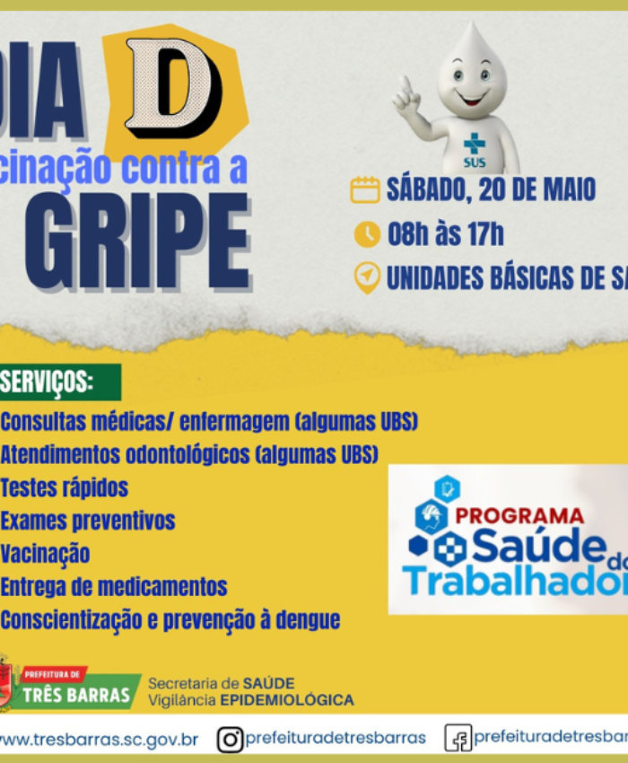 Sábado, 20 de maio, é dia D de vacinação contra a Gripe e atendimentos do programa Saúde do Trabalhador
