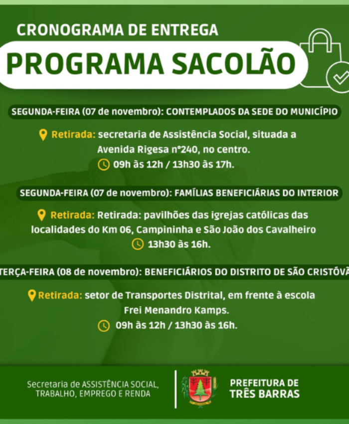 Sacolões serão entregues na próxima segunda e terça-feira em Três Barras