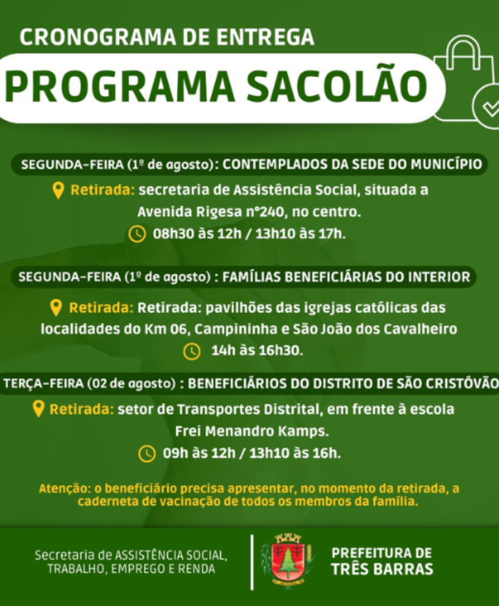 Sacolões serão entregues na próxima segunda e terça-feira, em Três Barras