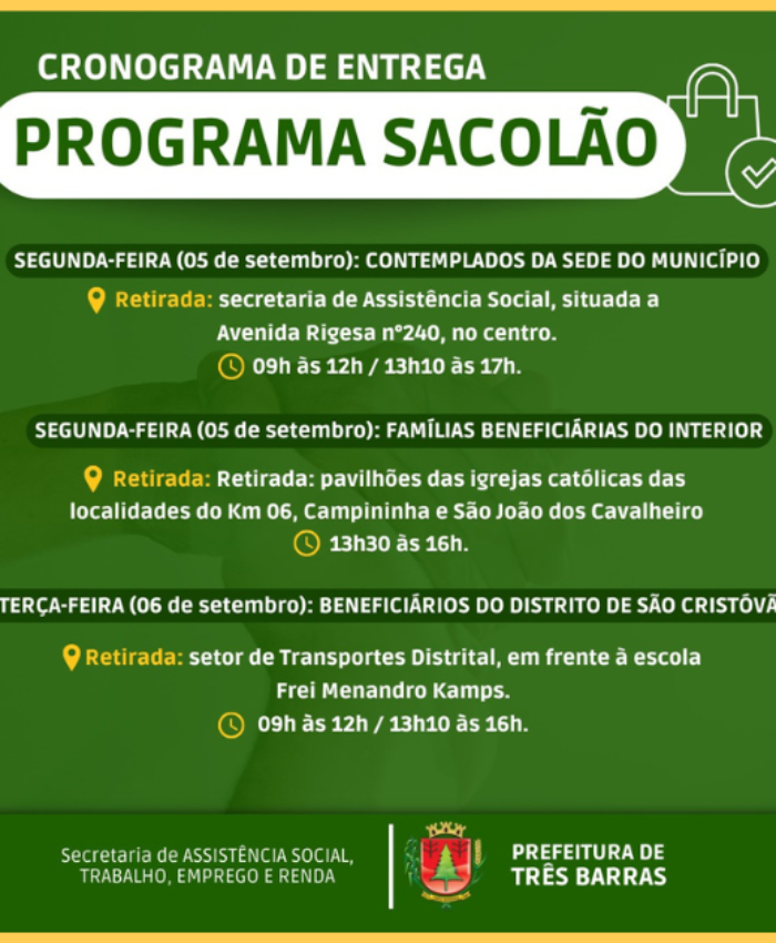 Sacolões serão entregues na próxima segunda e terça-feira, em Três Barras