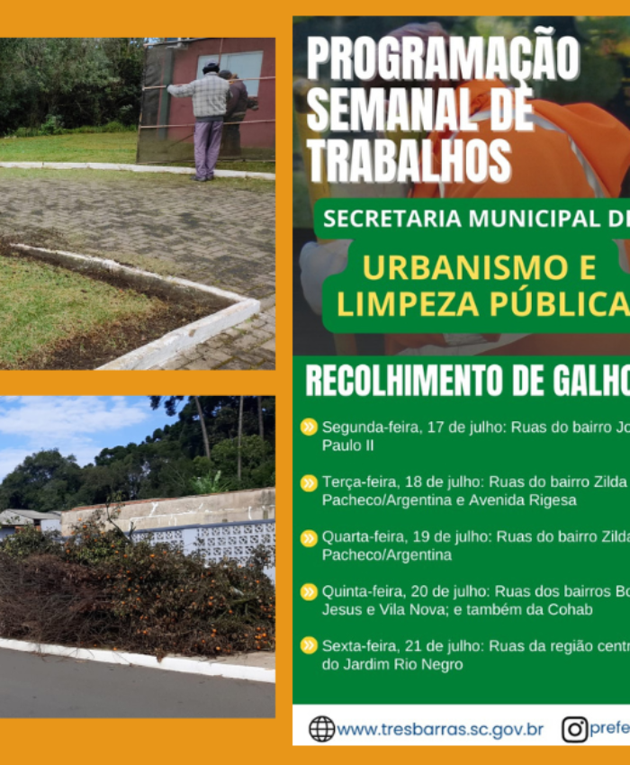 Saiba como será a programação da secretaria municipal de Urbanismo e Limpeza Pública para esta semana