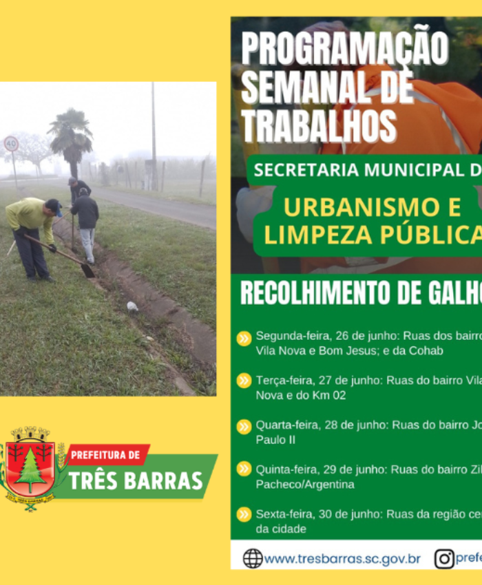 Saiba o que consta no cronograma de atividades da secretaria de Urbanismo e Limpeza Pública para esta semana