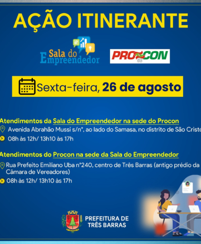 Sala do Empreendedor e Procon de Três Barras realizam atendimentos descentralizados nesta sexta-feira