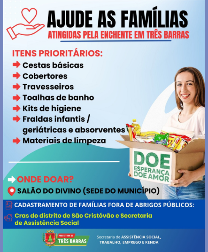 Salão do Divino concentra o recebimento de donativos em Três Barras; famílias fora de abrigos precisam se cadastrar