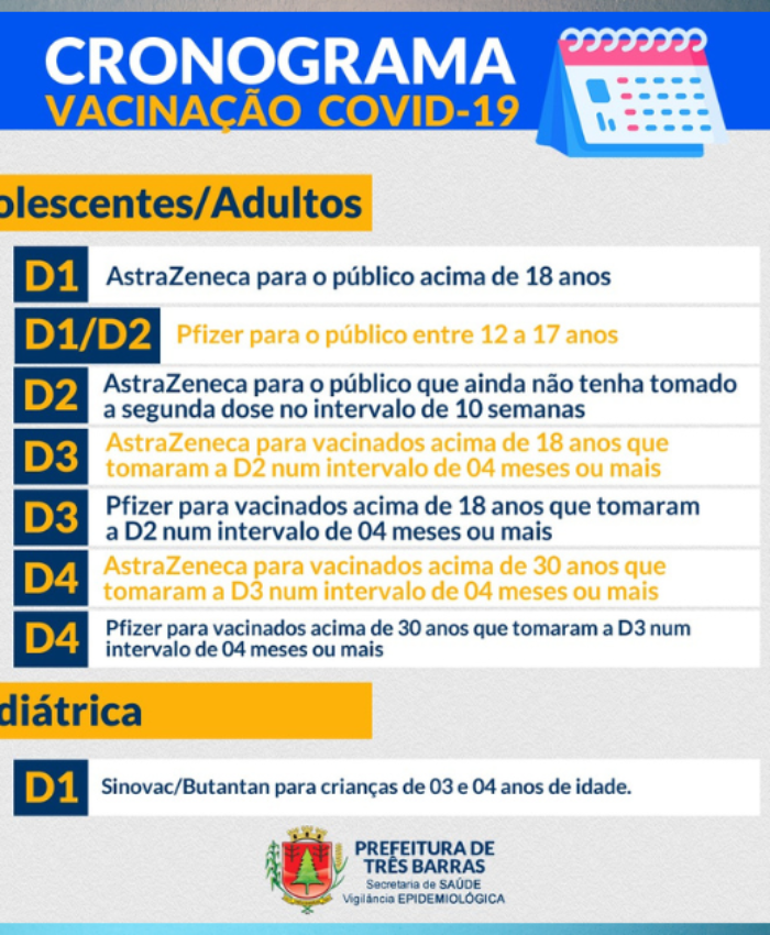Saúde informa novo cronograma de vacinação com doses da AstraZeneca e Pfizer, em Três Barras