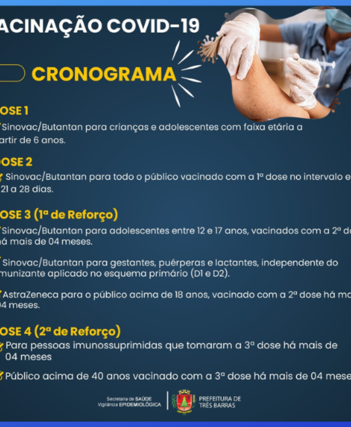 Saúde informa o calendário da vacinação contra a covid-19 em Três Barras