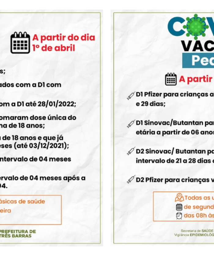 Saúde informa o cronograma de vacinação para a partir de 1° de abril em Três Barras