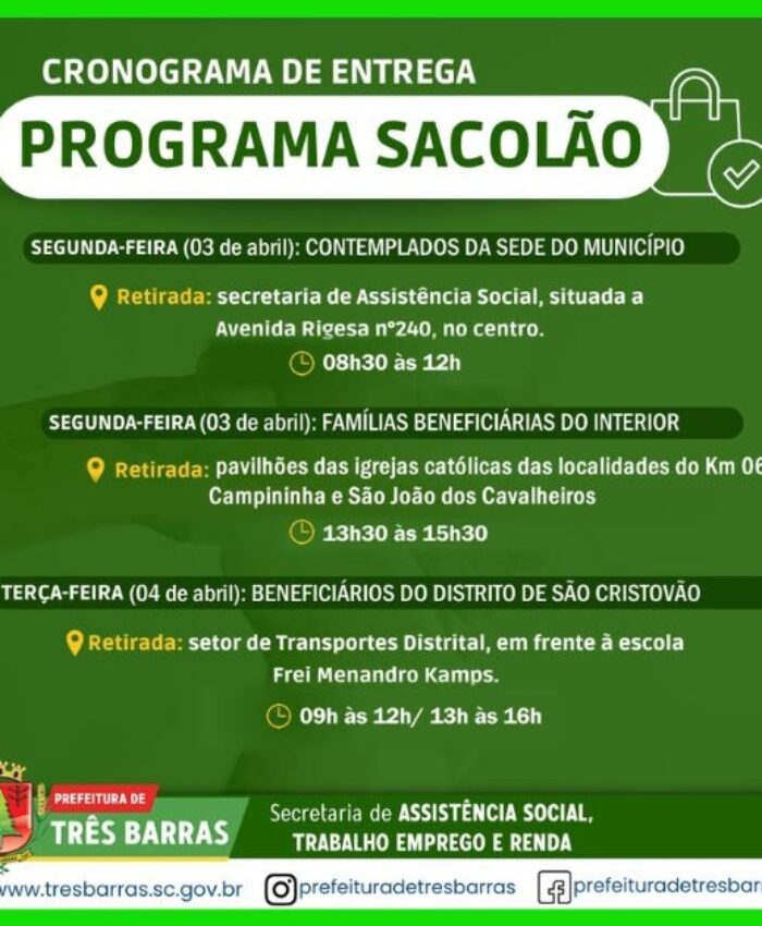 Segunda e terça-feira acontece a entrega de sacolões a beneficiários de Três Barras
