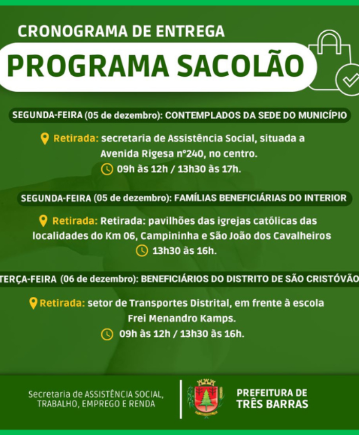 Segunda e terça-feira tem a entrega de sacolões em Três Barras