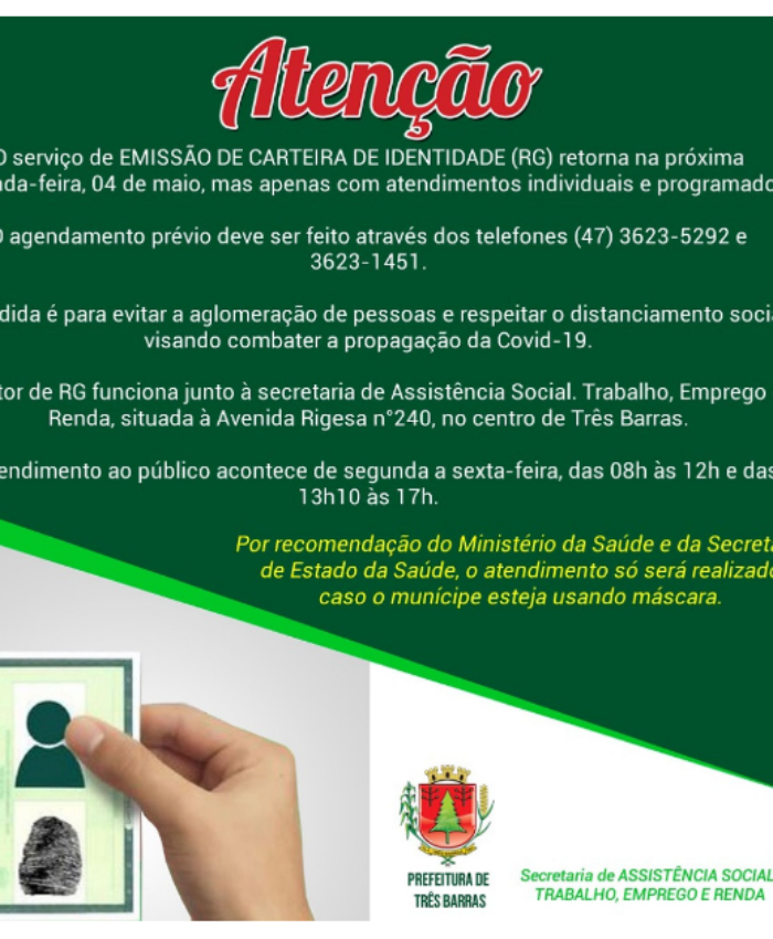 Setor de RG volta a atender no dia 04 de maio por agendamento prévio por telefone