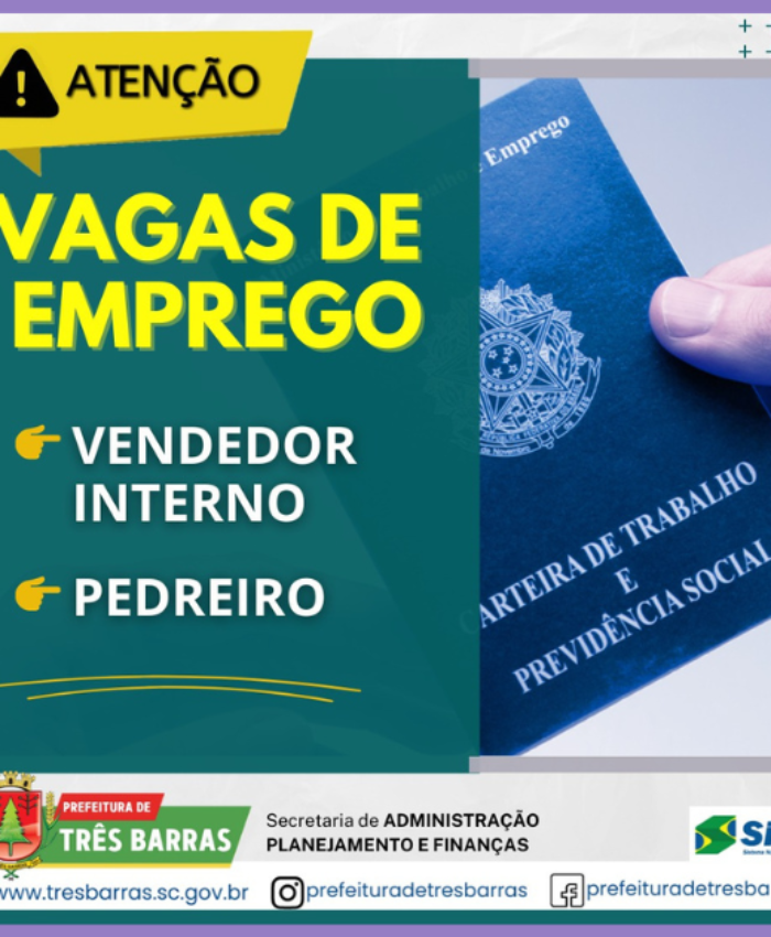 SINE de Três Barras dispõe de vagas para vendedor interno e pedreiro