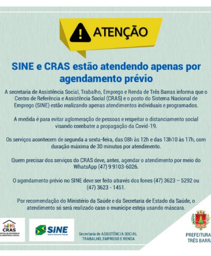 SINE e CRAS estão atendendo apenas por agendamento prévio