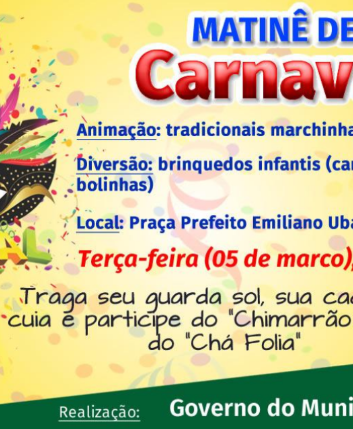 Terça-feira terá Matinê de Carnaval na praça Prefeito Emiliano Uba.