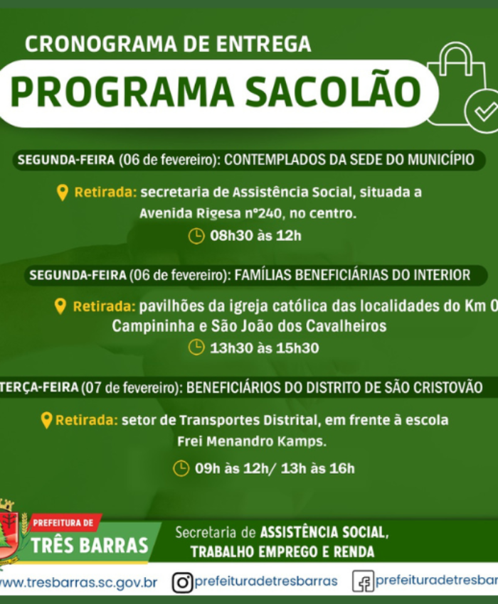 Três Barras: entrega dos sacolões acontece na próxima segunda e terça-feira