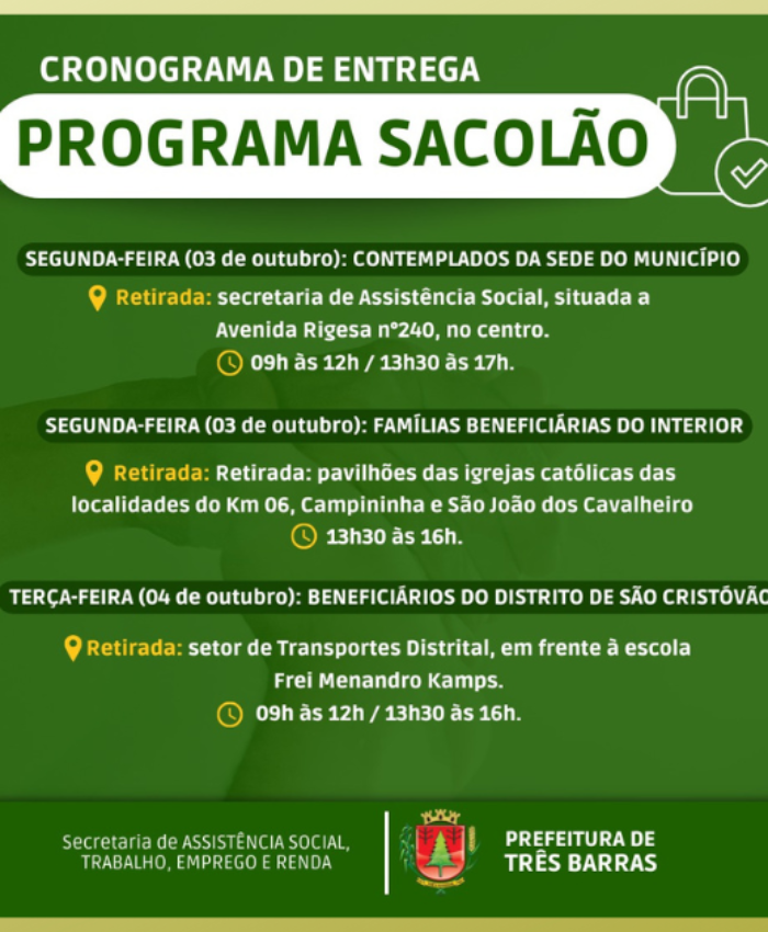 Três Barras: entrega dos sacolões será na próxima segunda e terça-feira