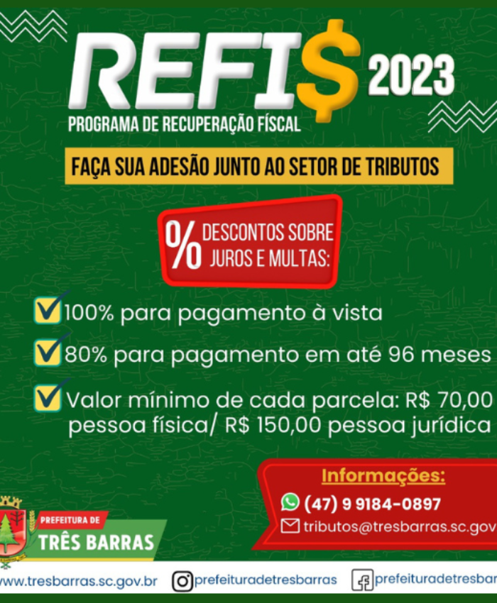Três Barras lança Refis 2023 nesta quarta-feira, 21, com parcelamentos em até 96 meses