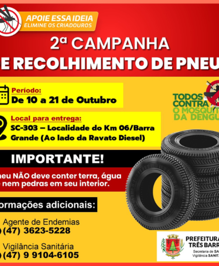 Três Barras terá campanha de recolhimento de pneus em desuso a partir de segunda-feira, 10