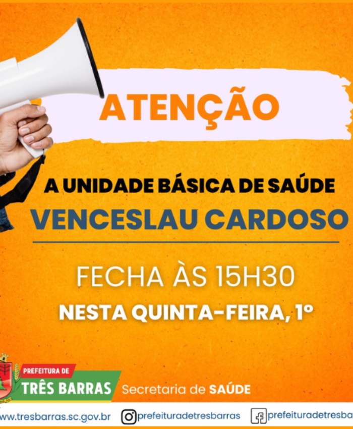 Unidade de saúde Venceslau Cardoso terá expediente reduzido nesta quinta-feira, 1° de junho