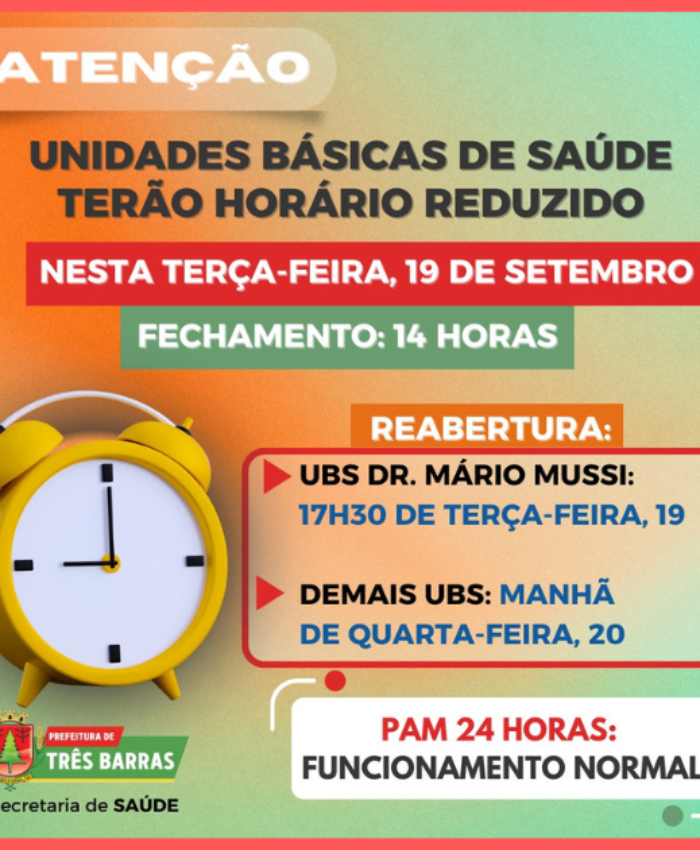 Unidades de saúde de Três Barras terão expediente reduzido nesta terça-feira, 19 de setembro