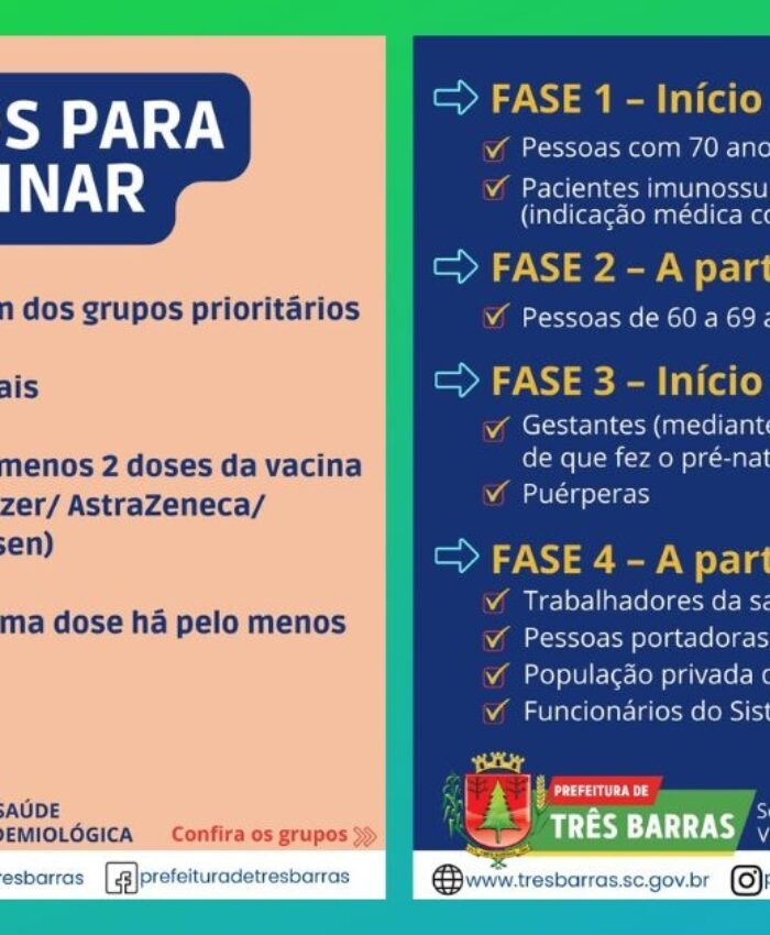 Vacina bivalente está disponível em todas as unidades básicas de saúde de Três Barras