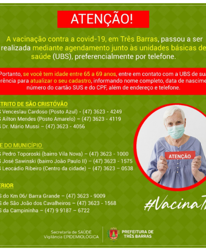 Vacina covid-19: idosos de 65 a 69 anos devem atualizar cadastro junto às UBS de referência