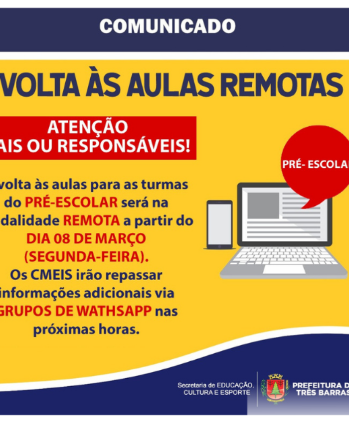Voltas às aulas será remota para as turmas do pré-escolar em Três Barras